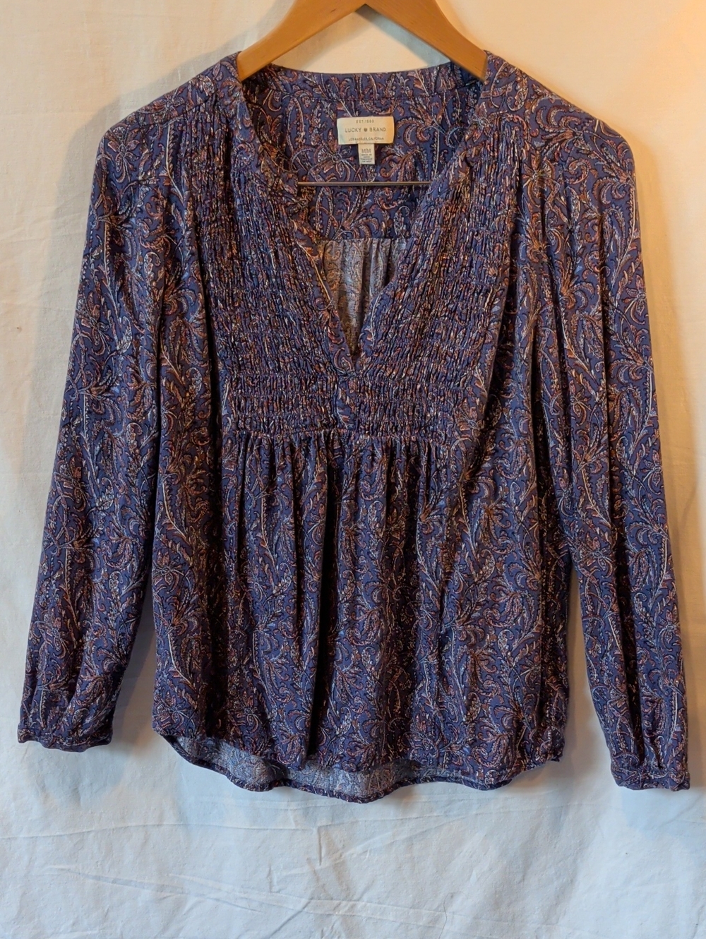 Lucky Brand Blue Paisley Smocked V-Neck Long Sleeve Blouse